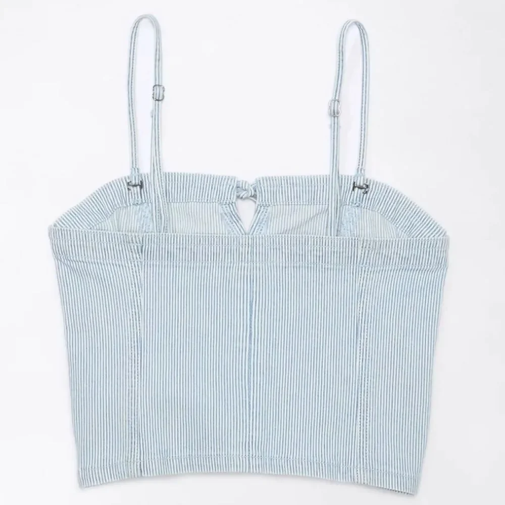 AE Light Blue Pin Stripe Vintage Wash Railroad Denim Cropped Spaghetti Top
